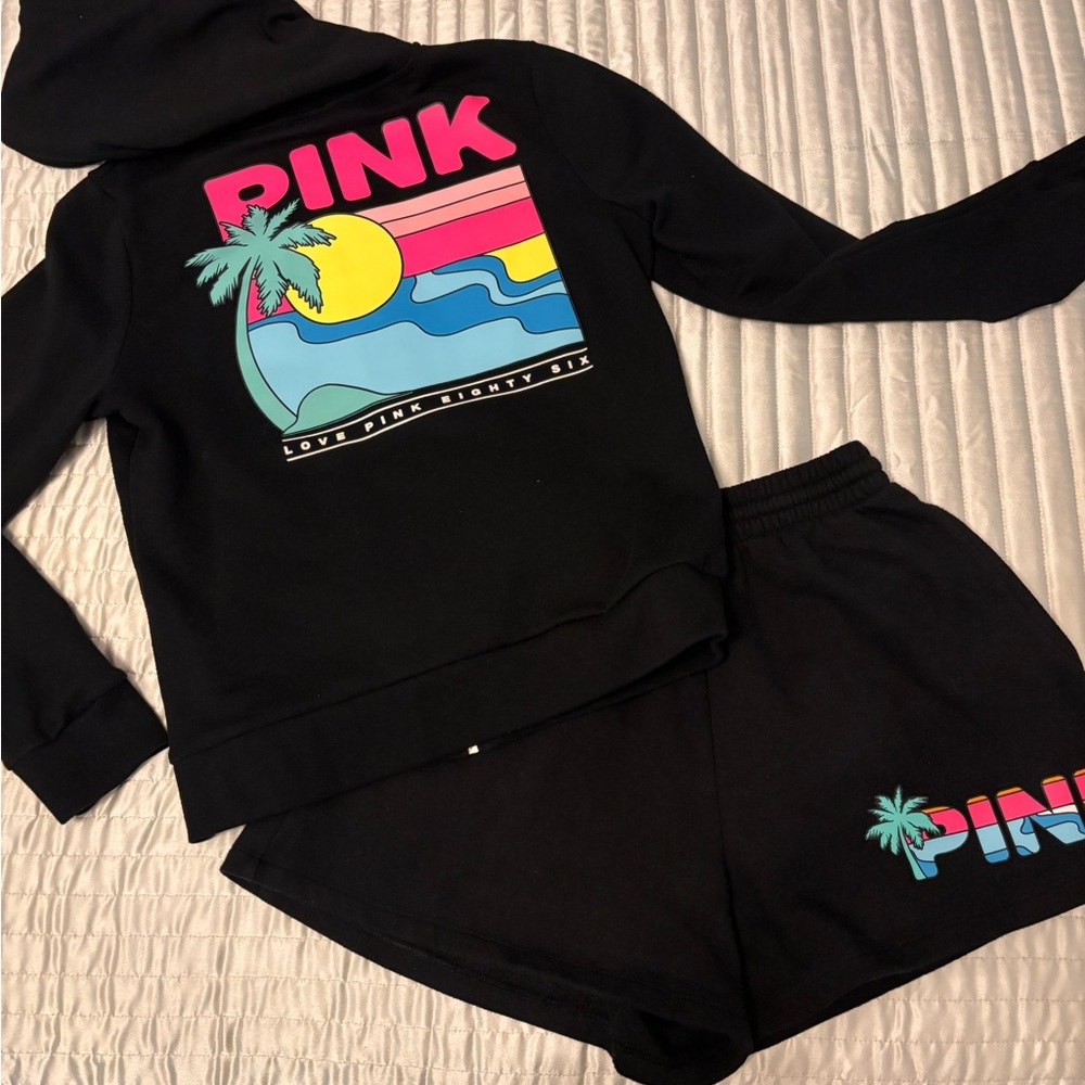 Black Hoodie and Shorts Set with Pink Graphic